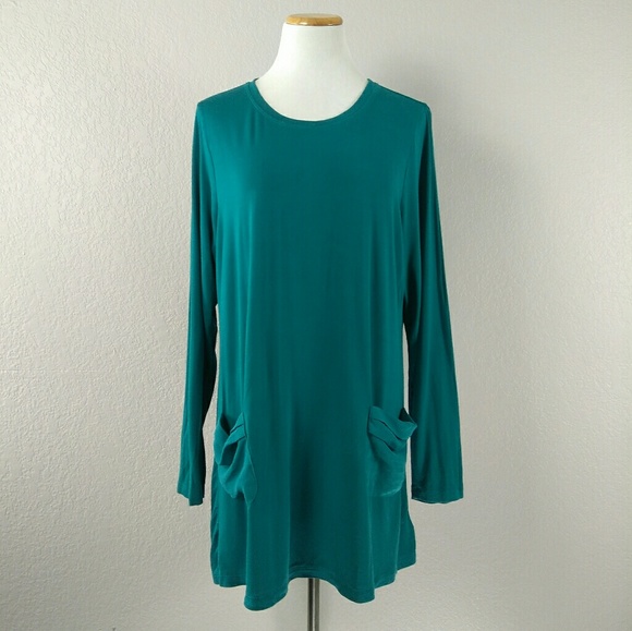 LOGO by Lori Goldstein Tops - LOGO Knit Top Chiffon Pockets & Back Inset Teal